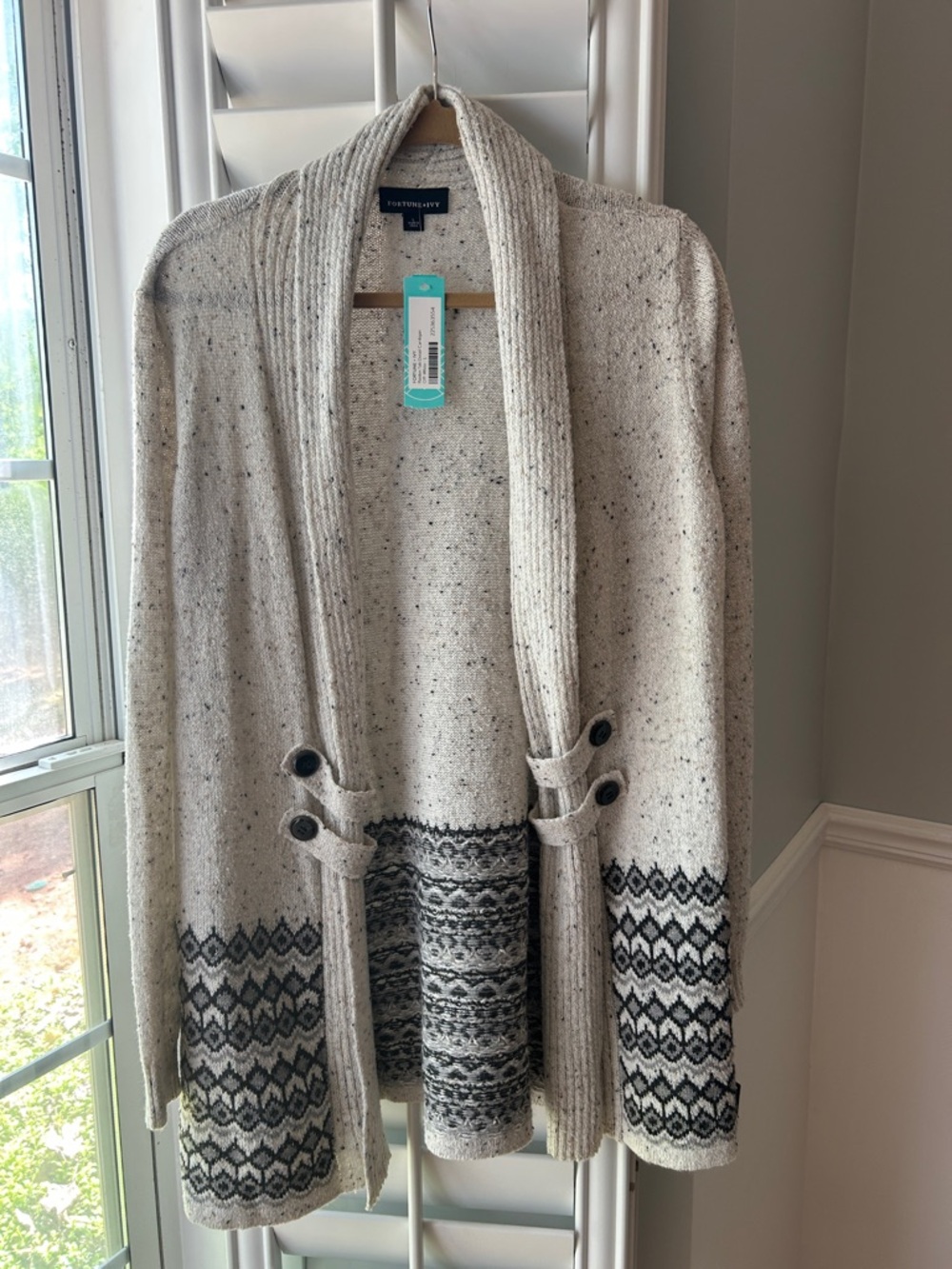 Fortune+Ivy Cream Speckled Shawl Cardigan with Black Geometric Trim